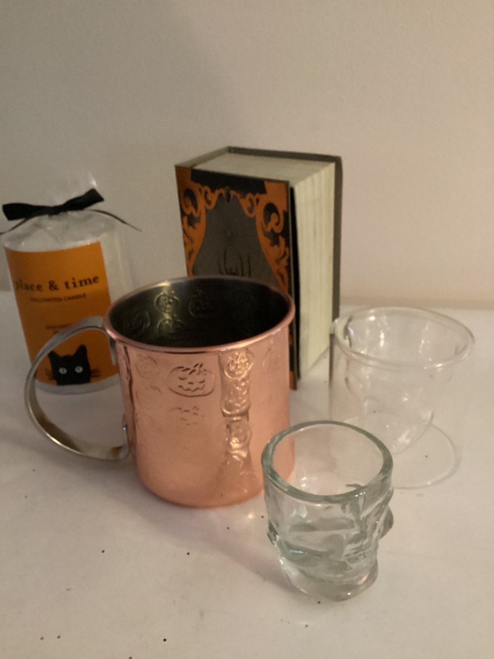 Lot of 2 Halloween Skull Shot Glasses, Copper Jack o Lantern mug +candle & box